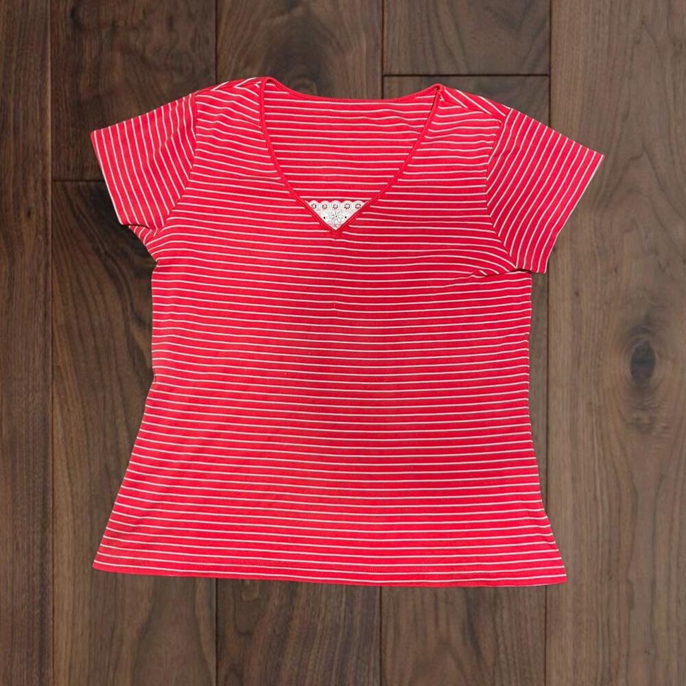 Y2k twee pink and white stripped shirt with lace